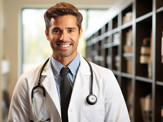 Retrato de un médico amigable en ropa de trabajo con un estetoscopio en el cuello