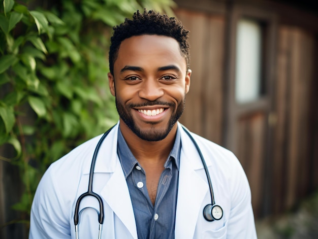 Retrato de un médico amigable en ropa de trabajo con un estetoscopio en el cuello