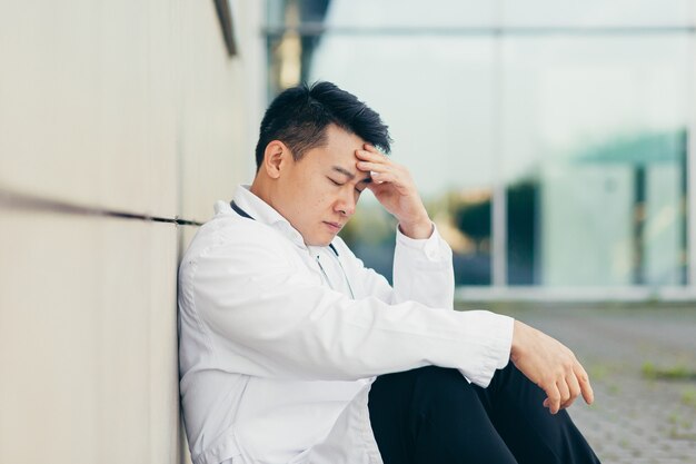 Retrato Médico asiático cansado após o trabalho sentado no chão perto da clínica decepcionado com o resultado