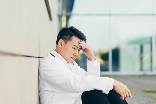 Retrato Médico asiático cansado após o trabalho sentado no chão perto da clínica decepcionado com o resultado