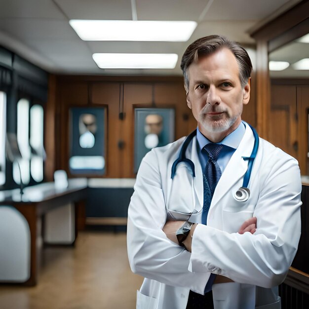 Foto un retrato de un médico en una clínica que luce confiado y poderoso.