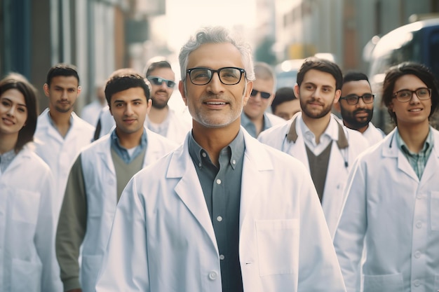 Foto retrato de un médico confiado frente a su equipo en el hospital