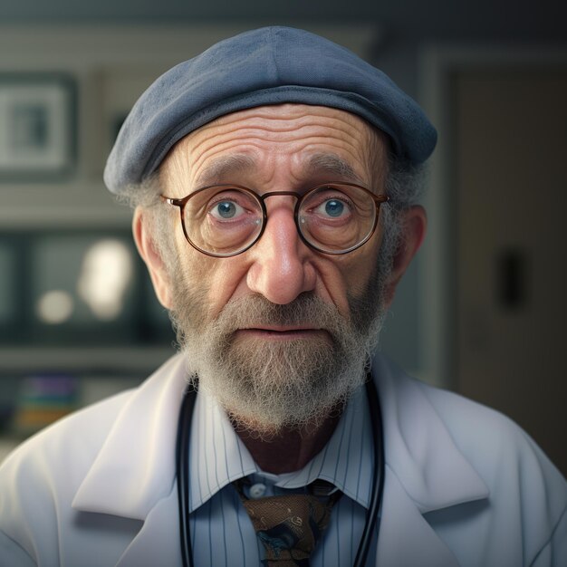 Foto retrato de un médico de edad avanzada con una boina