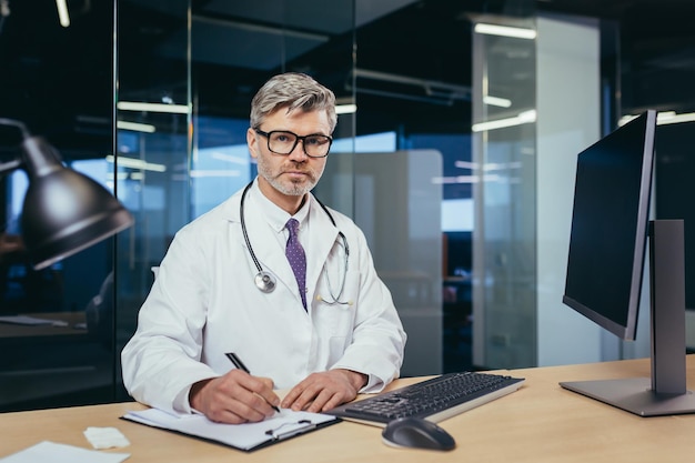 Retrato de un médico experimentado con anteojos un hombre mayor y experimentado mirando a la cámara un médico que trabaja de forma remota en una computadora en una clínica y asesora a los pacientes