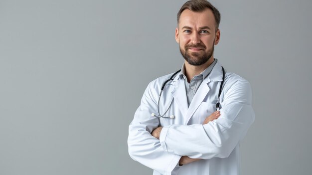 Foto retrato de un médico en un fondo plano