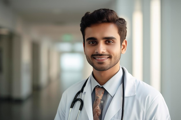 Retrato de un médico hindú sonriente en un uniforme médico en una sala de clínica