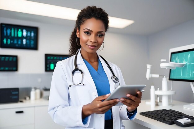 Retrato médico del hospital Doctora afroamericana segura que usa una tableta digital para el cuidado de la salud Médico negro con bata blanca prescribe medicamentos listos para salvar vidas