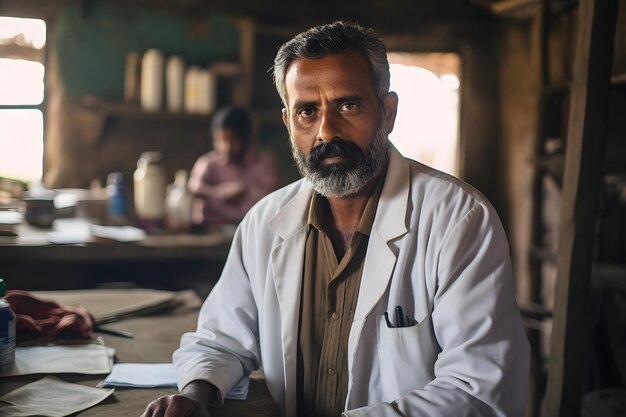 Retrato de un médico indio maduro y serio sentado en una oficina pobre