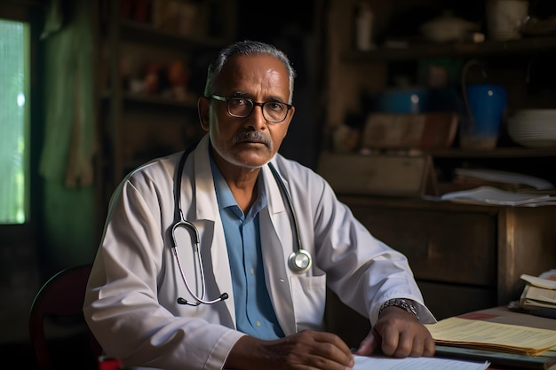 Retrato de un médico indio maduro y serio sentado en una oficina pobre