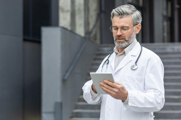 Retrato de un médico masculino de cabello gris de pie en una bata blanca fuera de la clínica y usando un