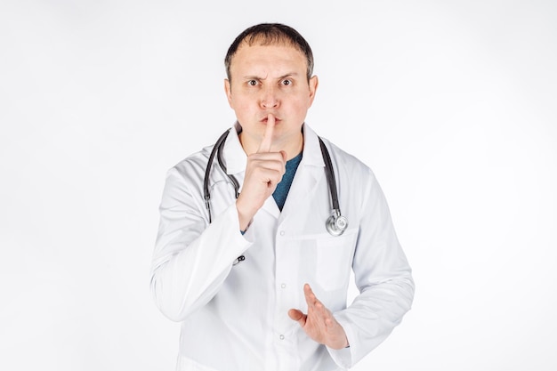 Retrato de un médico masculino haciendo un gesto de silencio como silencio o secreto