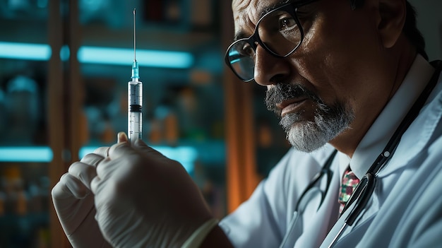 Retrato de un médico masculino sosteniendo una jeringa en su mano contra un fondo borroso IA generativa