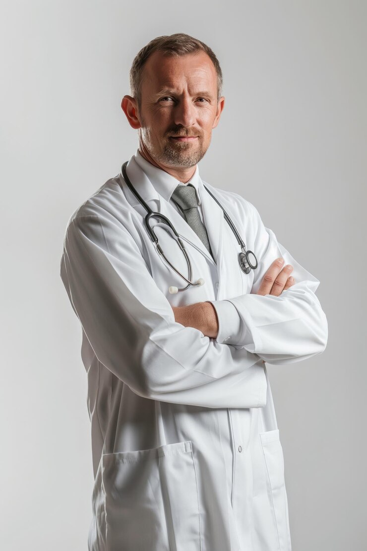 Foto retrato de un médico de mediana edad con una bata blanca con los brazos cruzados sonriendo a la cámara