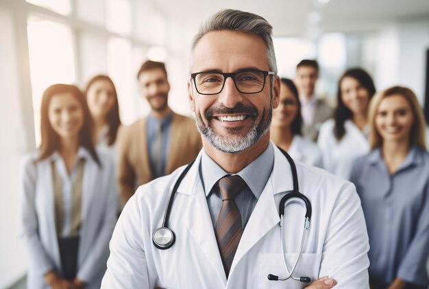 Retrato de un médico de pie frente a sus pacientes