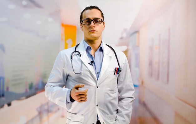 Foto retrato de un médico de pie en un hospital