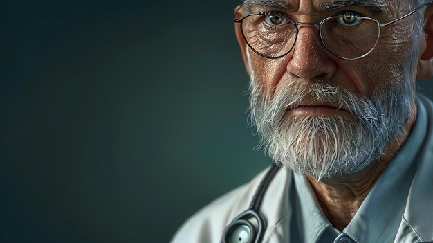 Retrato de un médico sénior confiado con gafas y un estetoscopio alrededor del cuello