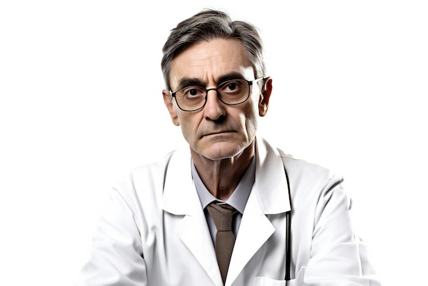 Retrato de un médico senior con estetoscopio sobre fondo blanco.