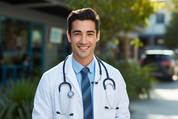 Retrato de un médico sonriente con estetoscopio de pie en un entorno clínico generativo por Ai