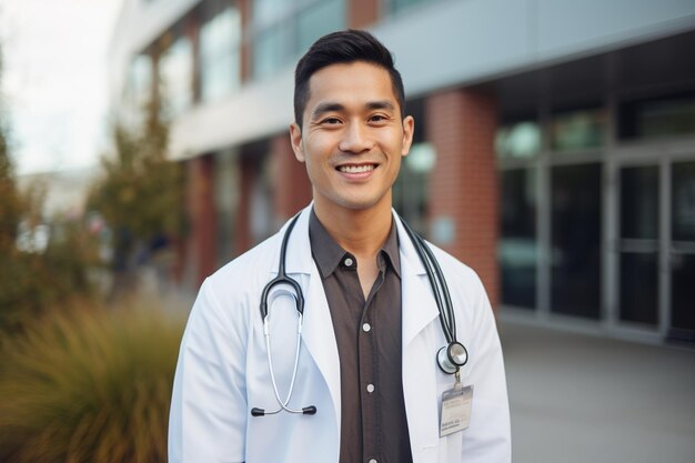 Foto retrato de un médico sonriente de pie afuera