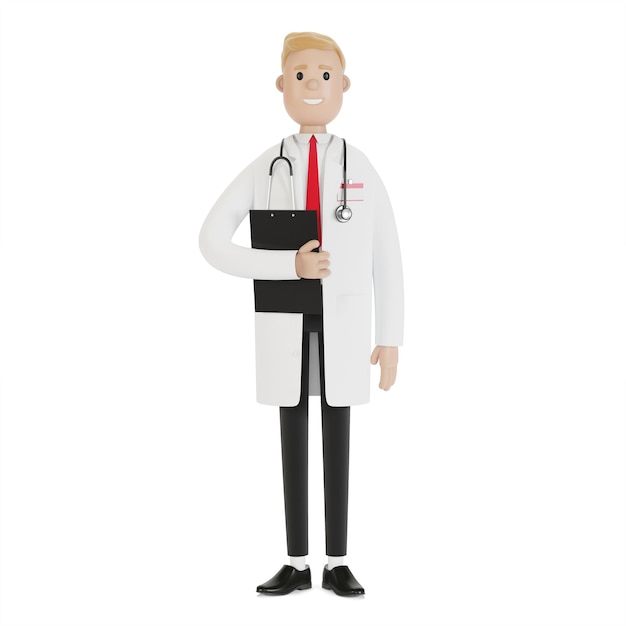 Retrato de un médico varón con una carpeta en las manos. Ilustración 3D en estilo de dibujos animados.