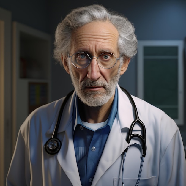 Retrato de un médico varón con pelo blanco y gafas.