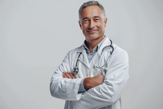 retrato de medio cuerpo de un médico sonriendo sobre un fondo blanco