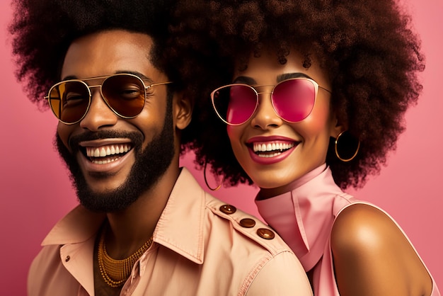 Retrato de medio cuerpo stock photography retrato de un hombre y una mujer de pelo afro con gafas de sol sonriendo fondo rosa Arte generado por Ai