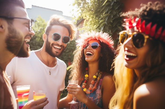 Retrato de mejores amigos felices haciendo una fiesta en el patio trasero Grupo multicultural diverso de personas disfrutando de un tiempo divertido juntos IA generativa