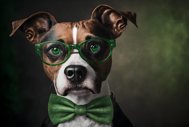 Retrato de una mezcla de pitbull bull terrier vistiendo un sombrero de duende, peluca y gafas Día de San Patricio