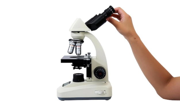 retrato con un microscopio en fondo blanco
