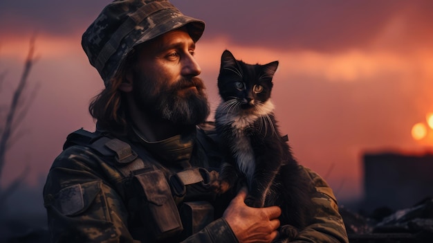 Retrato de un militar con un arma sosteniendo un gatito