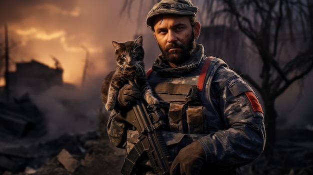 Retrato de un militar con un arma sosteniendo un gatito