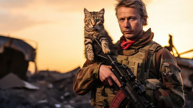 Retrato de un militar con un arma sosteniendo un gatito