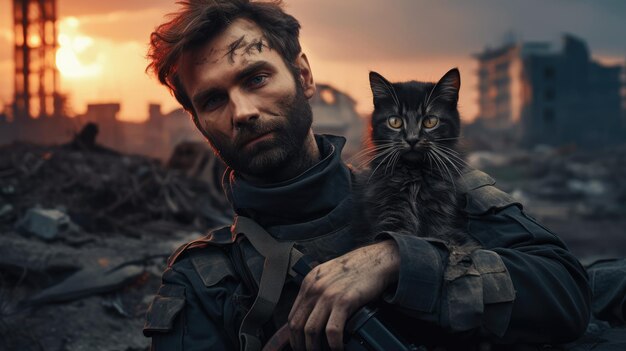 Retrato de un militar con un arma sosteniendo un gatito