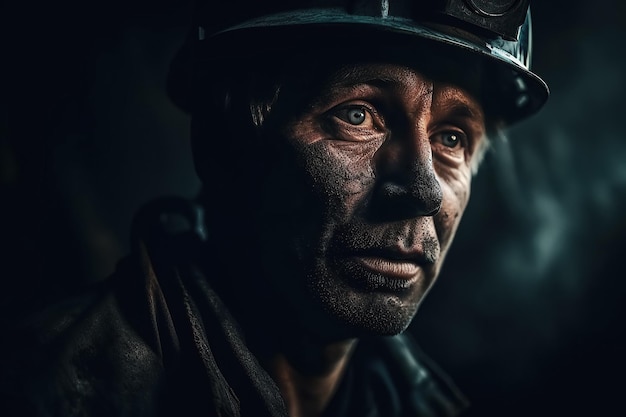 Retrato de minero sucio con casco en una mina de carbón IA generativa