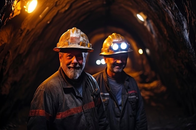 Foto retrato de un minero en el túnel de la mina