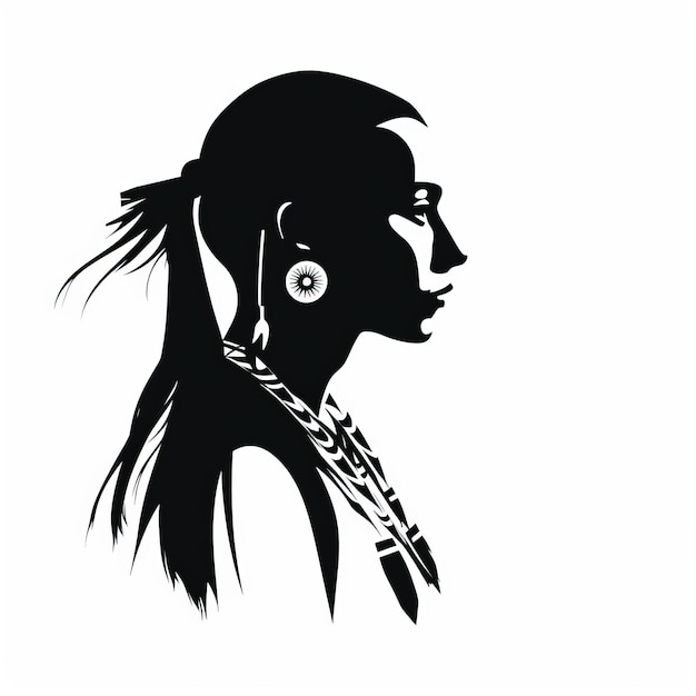 Retrato mínimo de silueta en blanco y negro de mujer Inupiaq con pluma