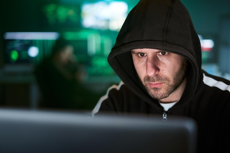 Foto retrato de un misterioso hacker encapuchado sentado en su escritorio y entrando en los servidores de datos del gobierno en