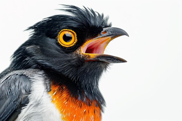 Foto retrato místico de bali myna de pie en el espacio de copia del estudio sobre un fondo blanco