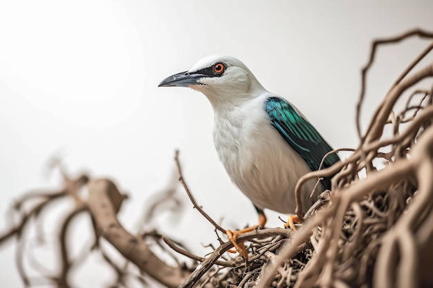 Foto retrato místico de bali starling de pie en una pequeña raíz en el estudio con espacio de copia