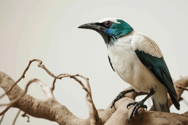 Retrato místico de bali starling em pé em uma pequena raiz em estúdio com espaço de cópia