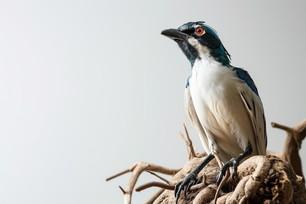 Foto retrato místico de bali starling em pé em uma pequena raiz em estúdio com espaço de cópia