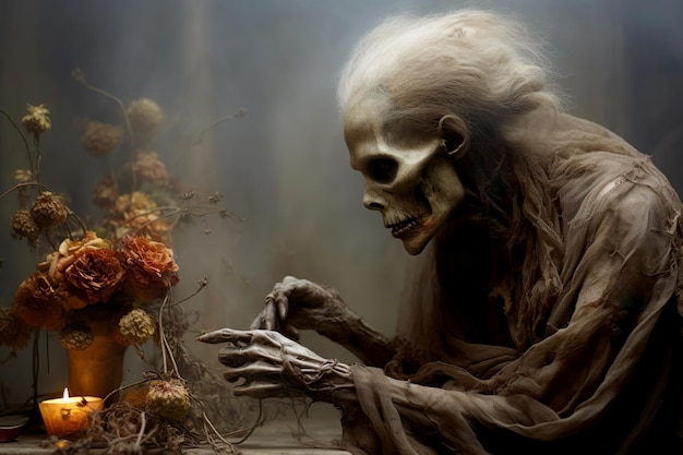Retrato místico de bruxa malvada com maquiagem assustadora Para Dia de Los Muertos ou feriados de Halloween IA geradora