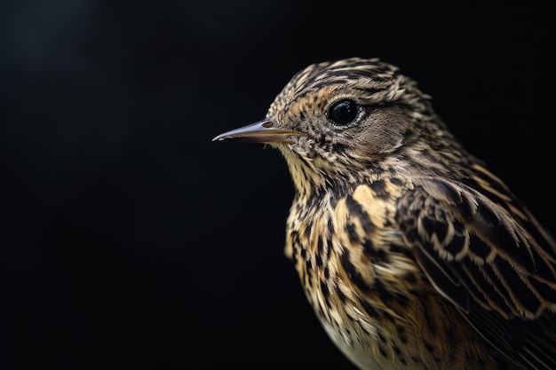 Foto retrato místico de meadow pipit de pé no estúdio isolado em fundo preto