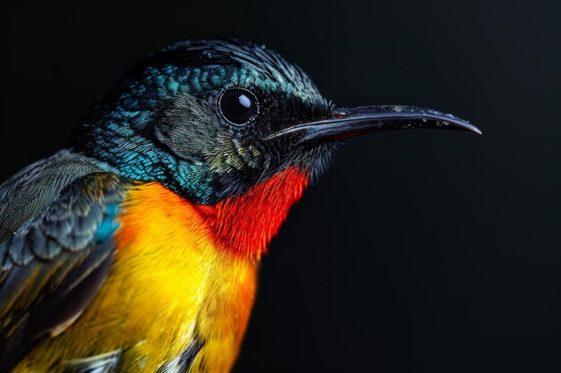 Foto retrato místico de olivebacked sunbird de pé em estúdio em close-up isolado em fundo escuro