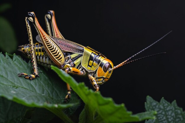 Retrato místico de Orange Lubber Grasshopper em folhas