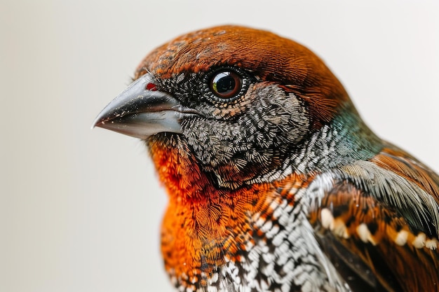 Foto retrato místico de scalybreasted munia de pé em estúdio isolado em branco