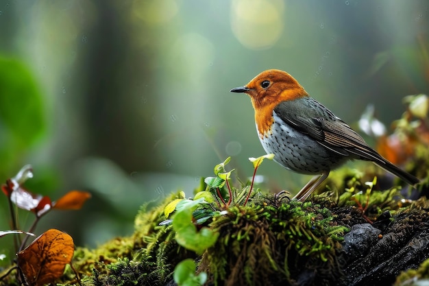 Foto retrato místico de trossos terrenos de cabeça laranja em pé em uma pequena raiz no estúdio