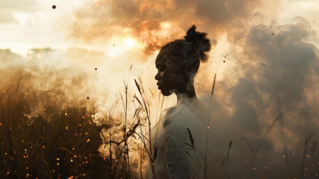 Retrato místico do pôr-do-sol de uma mulher em fumaça etérea e cenário natural