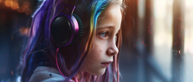 Retrato místico de una joven con cabello colorido con auriculares perdidos en la música en medio de las luces urbanas